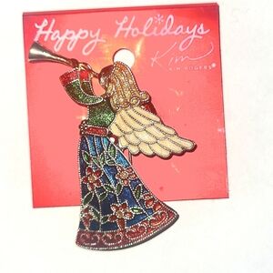 Kim Rogers Angel Shofar Brooch Cloisonné Enamel Gold Glitter Floral Holiday Pin
